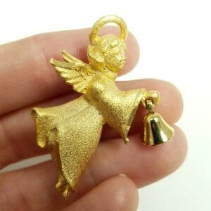 Vintage G.G Angel With Bell and Halo Brooch, Gold Tone Guardian, Holiday Estate